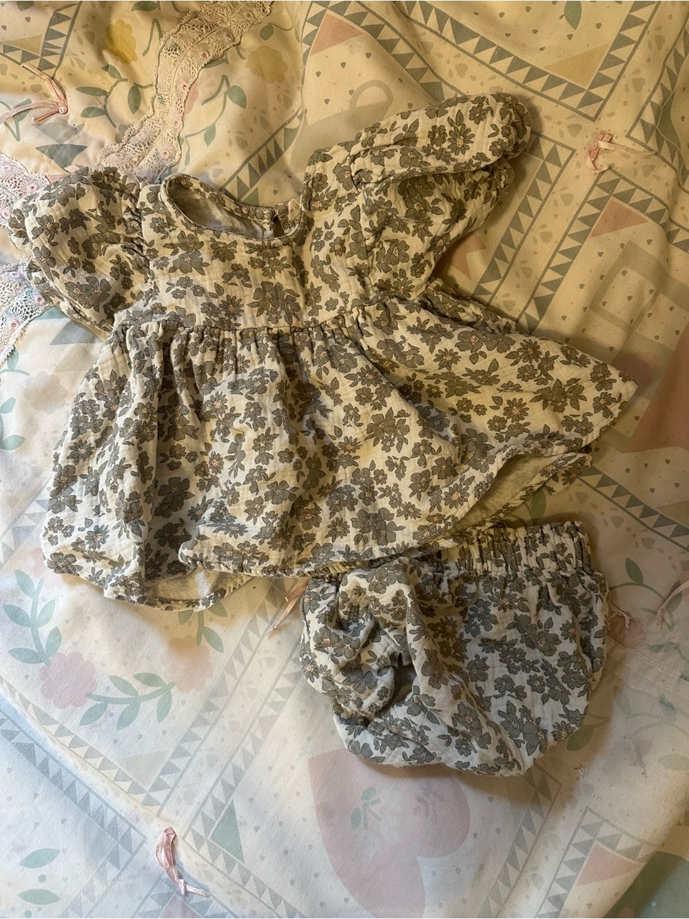 Quincey Mae Floral Baby Dress & Bloomers Set in Soft Sage